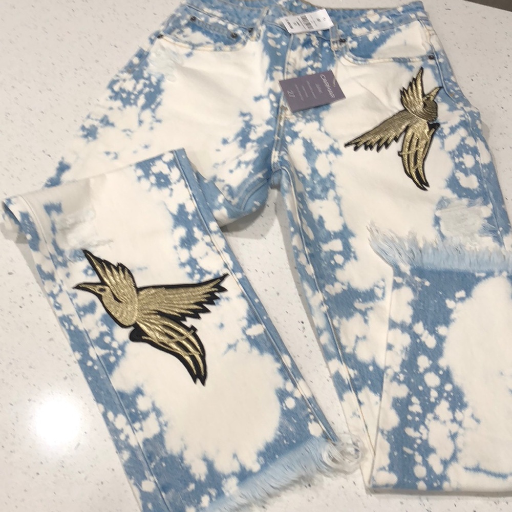 Carmar acid washed embroidered appliqué bird patch High-rise jeans